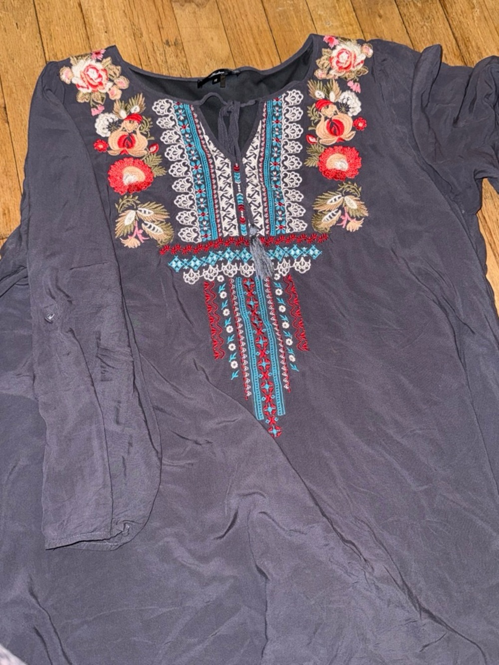 Andree Charcoal Tunic with Teal & Red Embroidery